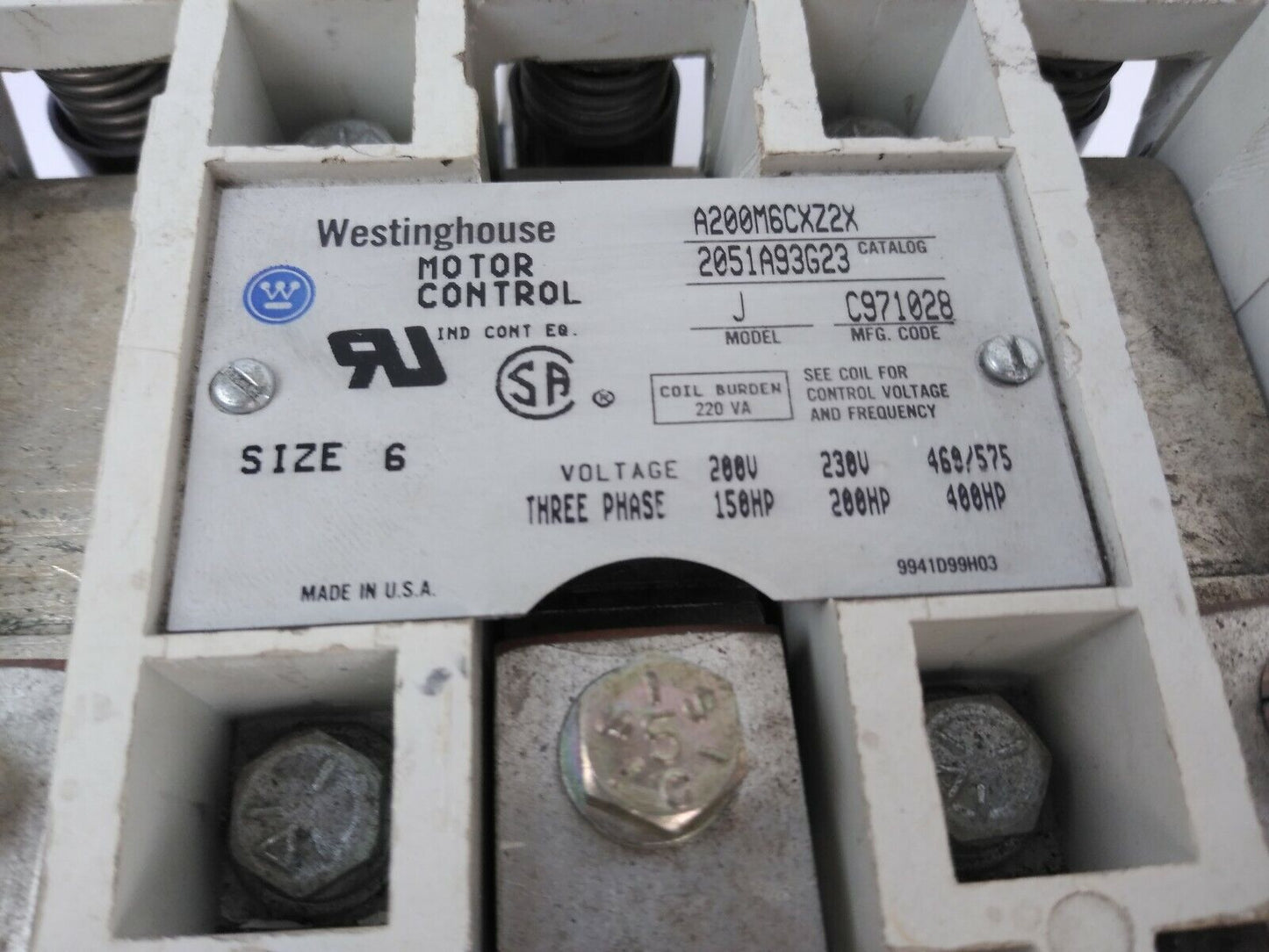 WESTINGHOUSE A200M6CXZ2X MOTOR CONTROL SIZE 6 3PH 400HP 600V