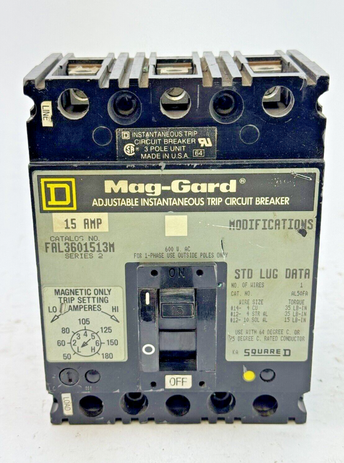 SQUARE D - FAL3601513M Ser. 2 - MAG-GARD CIRCUIT BREAKER - 3 POLE, 15 A, 600VAC