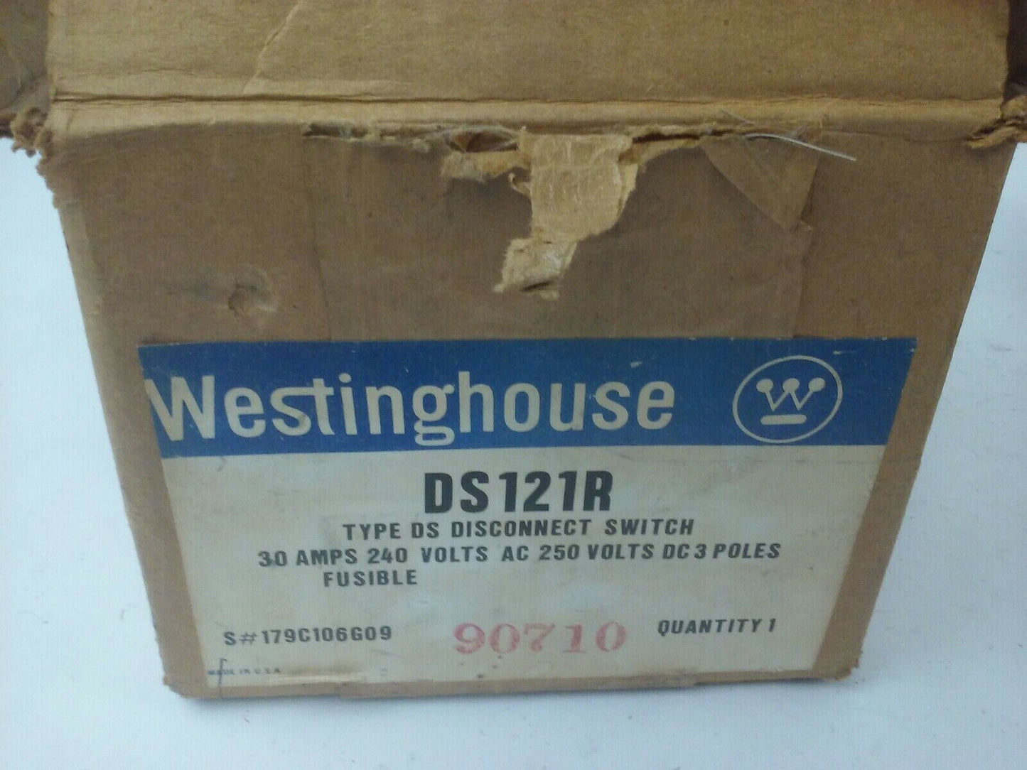 WESTINGHOUSE DS121R TYPE DS FUSIBLE DISCONNECT SWITCH 30A 240VAC/250VDC 3P