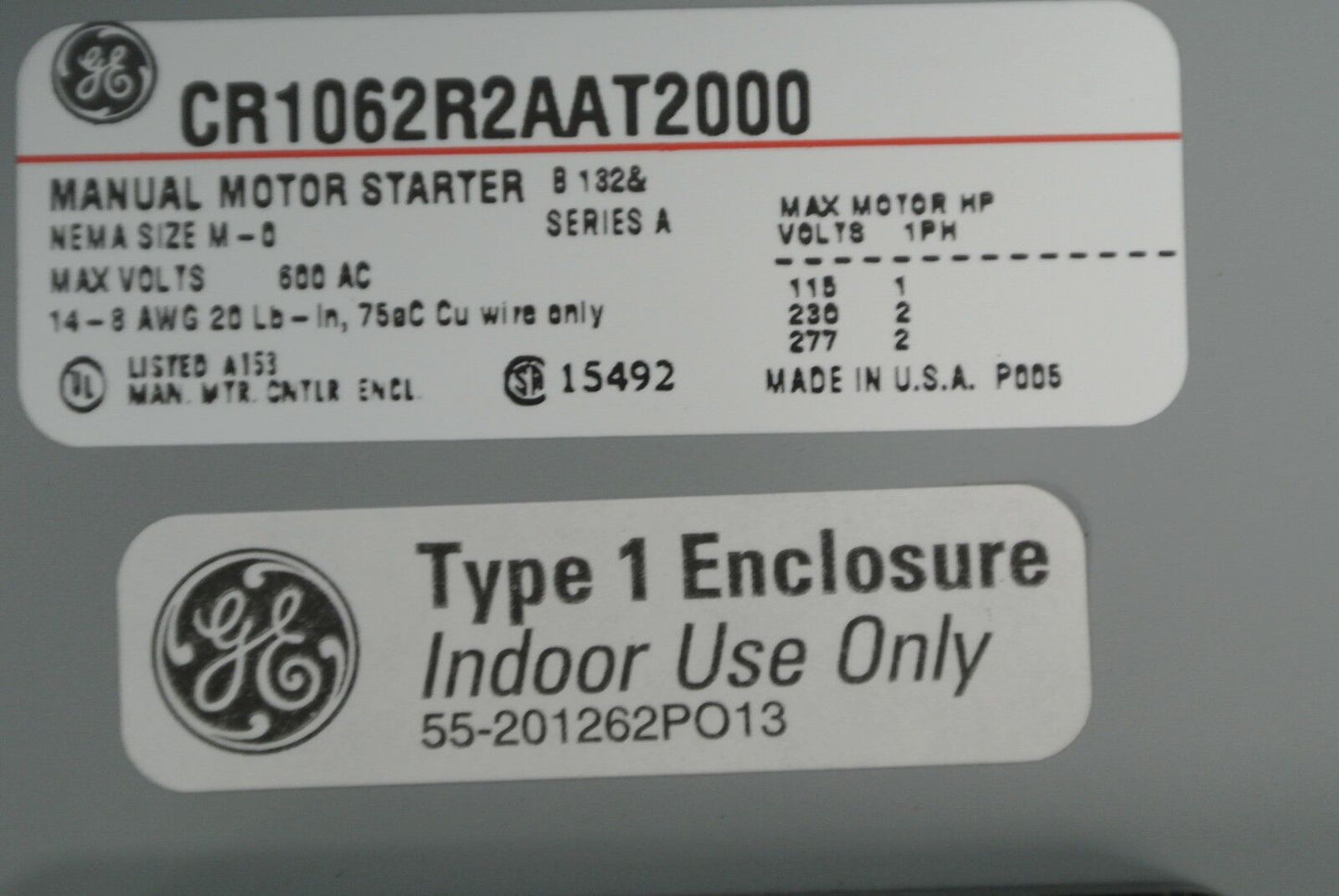 GENERAL ELECTRIC CR1062R2AAT2000 MANUAL MOTOR STARTER, 2-POLE / NEW SURPLUS