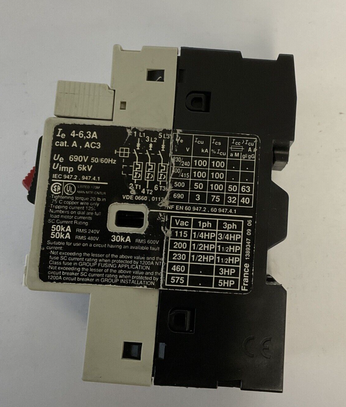 TELEMECANIQUE GV2-M10 MANUAL MOTOR STARTER 4-6.3A 690V 50/60HZ