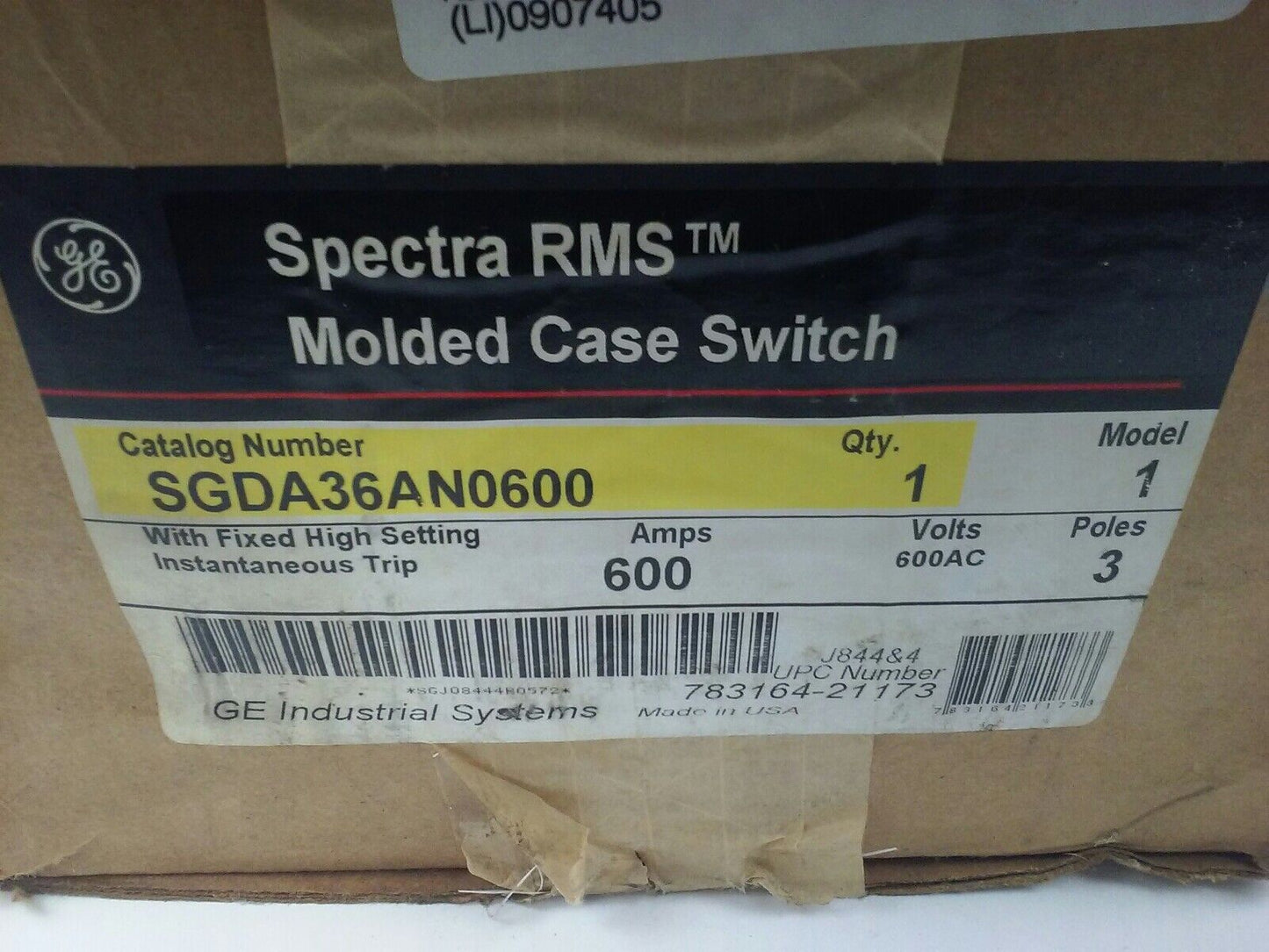GE SGDA36AN0600 SPECTRA RMS CIRCUIT BREAKER, MOLDED CASE, 3P, 600A, 600V, 200kA