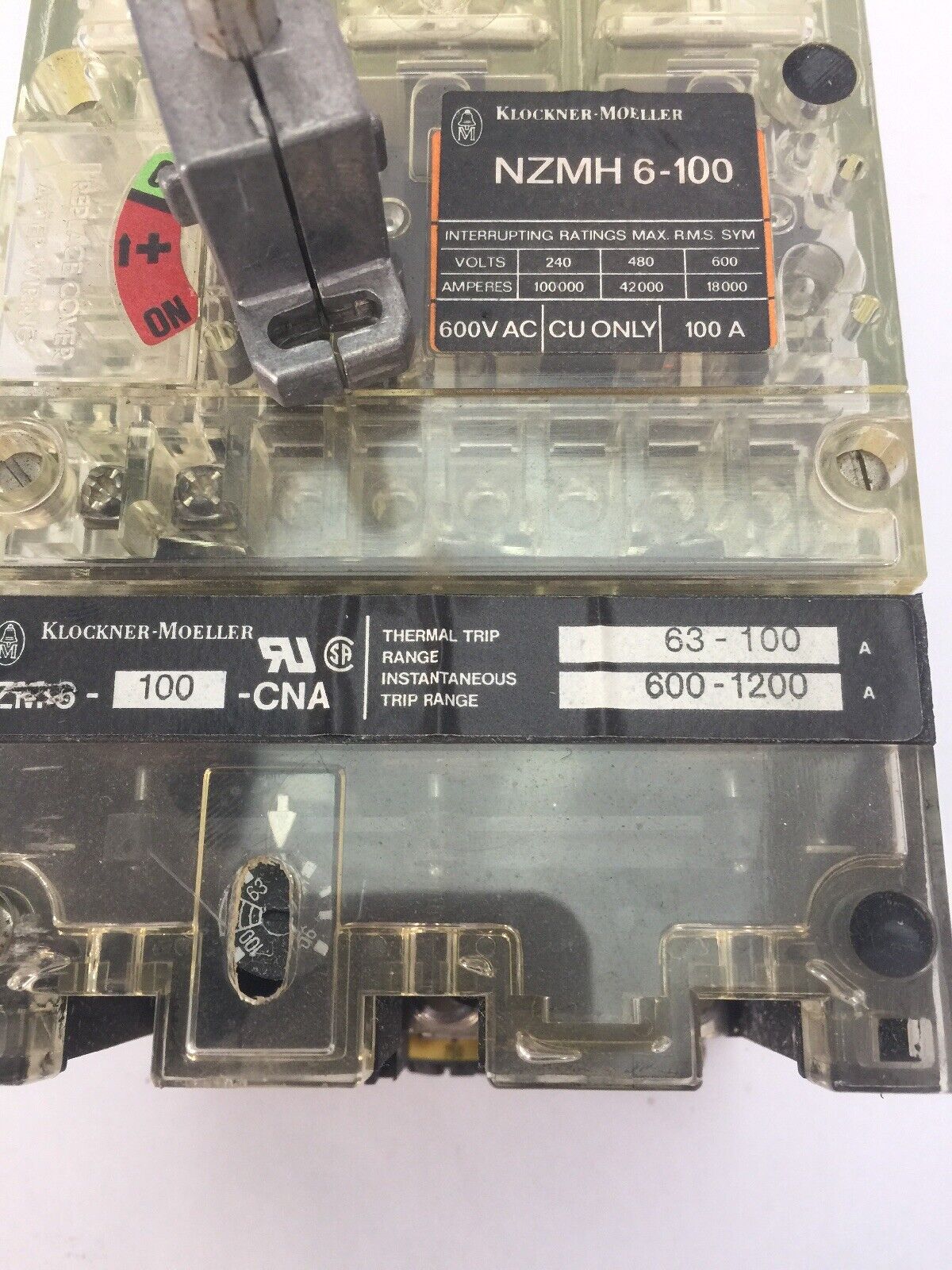 KLOCKNER MOELLER NZMH6-100 CIRCUIT BREAKER 600VAC 100A ZM6-100-CNA THERMAL TRIP