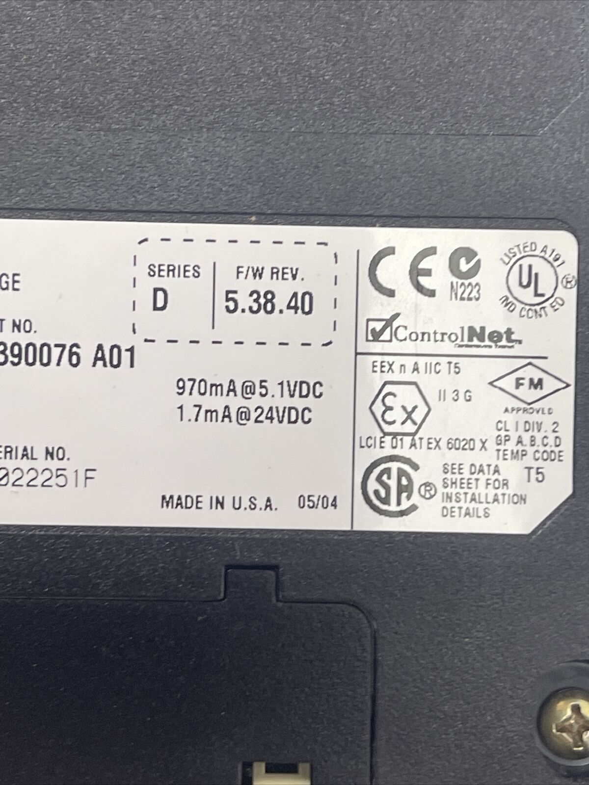 ALLEN BRADLEY 1756-CNB SER D F/W REV 5.38.40 CAT REV L01 CONTROL NET COMMUNICATI