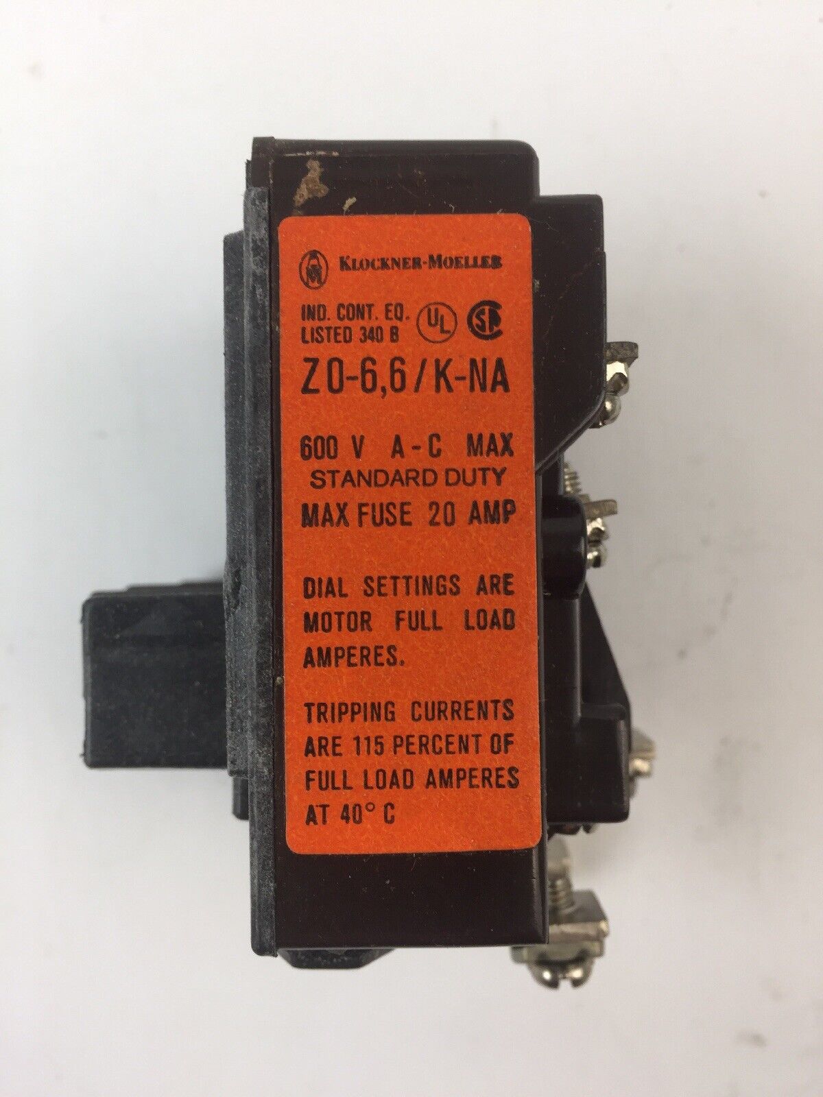 KLOCKNER MOELLER Z0-6,6/K-NA BIMETAL RELAY 600VAC 3.3-6.6AMP