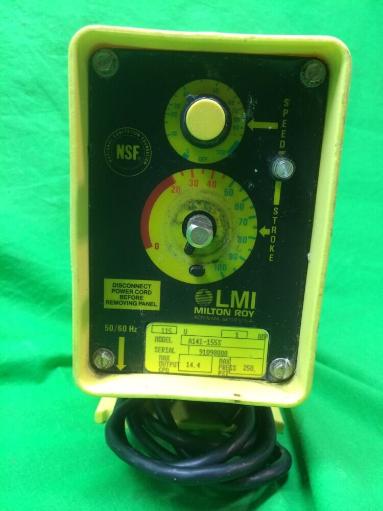 LMI MILTON ROY A141-155S METERING PUMP, MAX GPD 14.4 MAX PSI 250, A141155S, USED