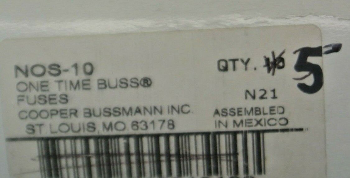 LOT of 5 / COOPER-BUSSMANN / NOS10 / ONE-TIME FUSE / 10A / 600V