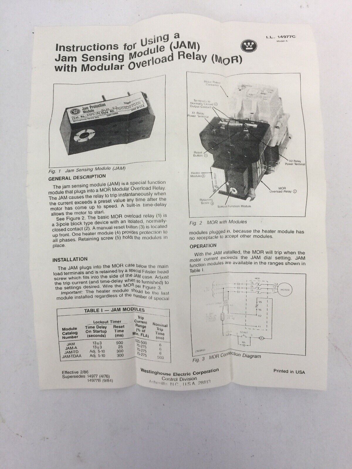 WESTINGHOUSE JAM-TD MOR RELAY JAM OVERLOAD MODULE 0.5-10 SEC 2608D22G12