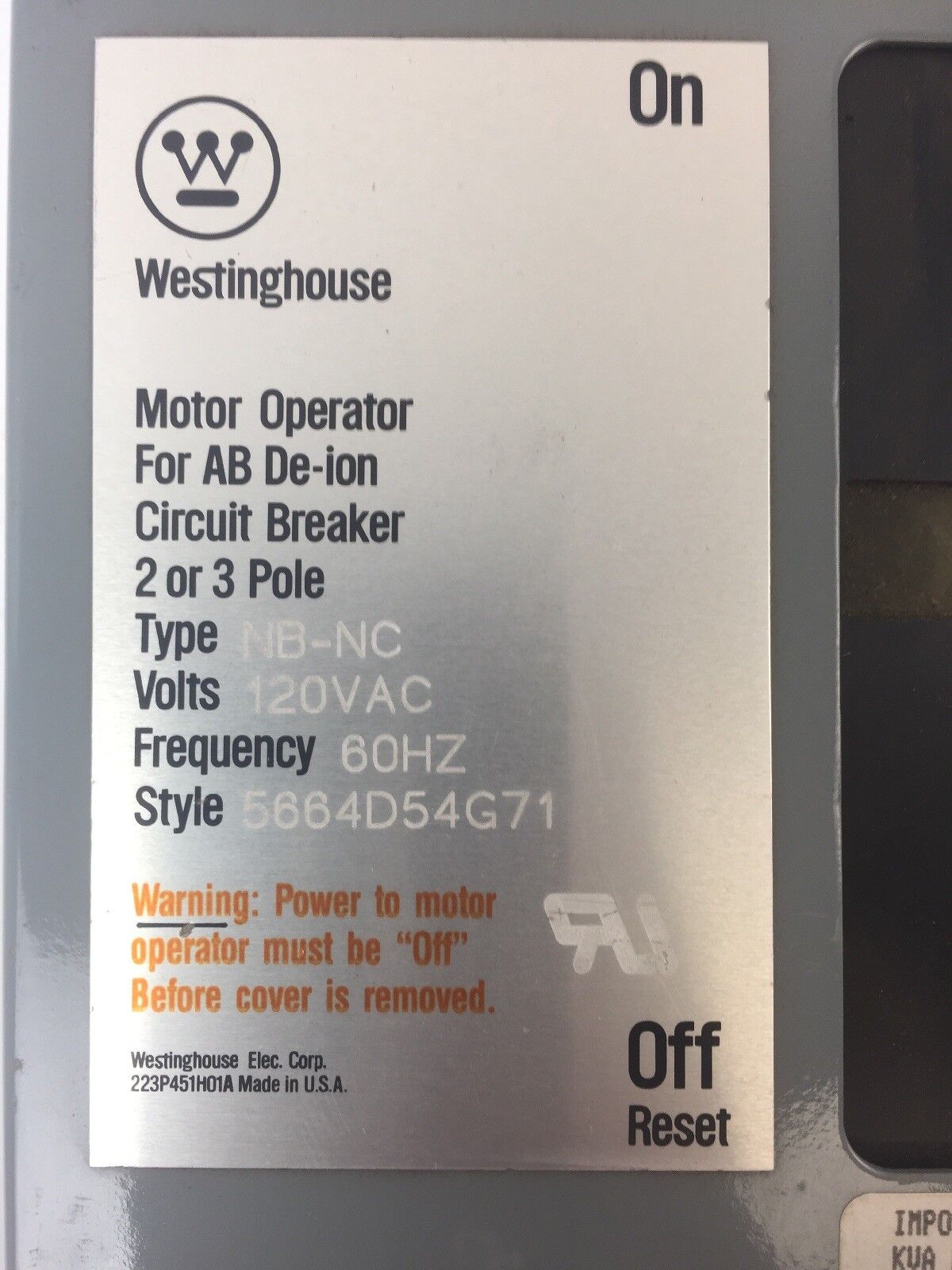 WESTINGHOUSE 5664D54G MOTOR OPERATOR FOR AB DE-ION CIRCUIT BREAKER 2 OR 3 POLE