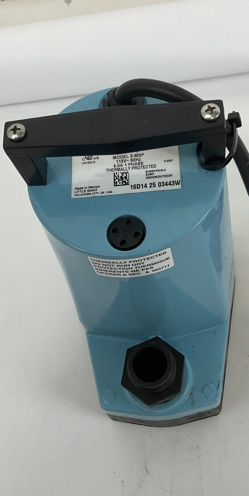 LITTLE GIANT 505176 SUBMERSIBLE PUMP 5-MSP 115VAC 60HZ 5.0A 1PH INDOOR/OUTDOOR
