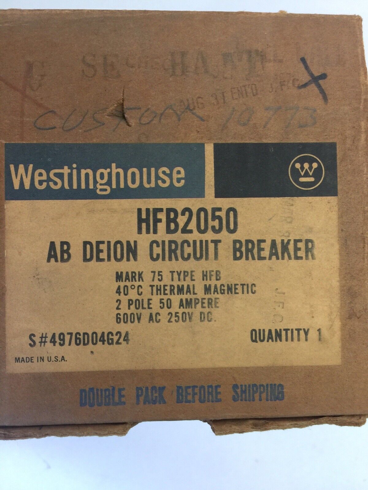 WESTINGHOUSE HFB2050 CIRCUIT BREAKER 50AMP 600VAC 250VDC 2POLE 4976D04G24