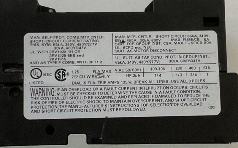 SIEMENS 3RV1021-0KA15 MOTOR STARTER 50/60HZ 600V 1.25-0.9A 6KV 16A