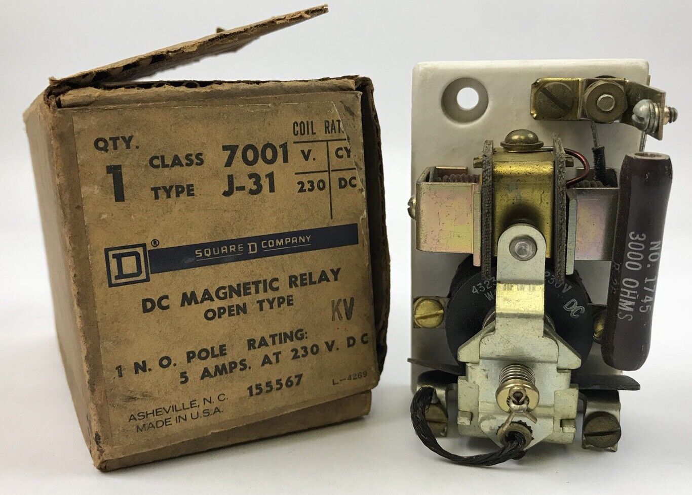 Square D 7001 J-31 DC Magnetic Relay Open Type 5 Amps At 230 DC