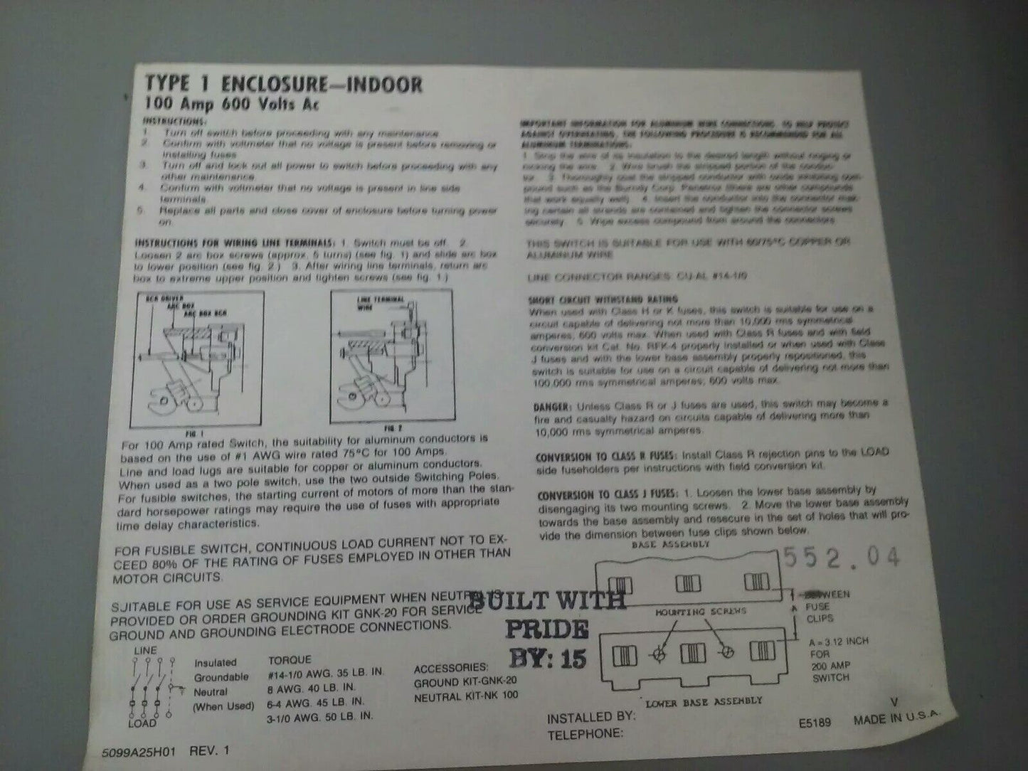 CHALLENGER HD363SNC FUSIBLE SAFETY SWITCH, 100A, 600V, 3PH, 75HP, TYPE 1 INDOOR
