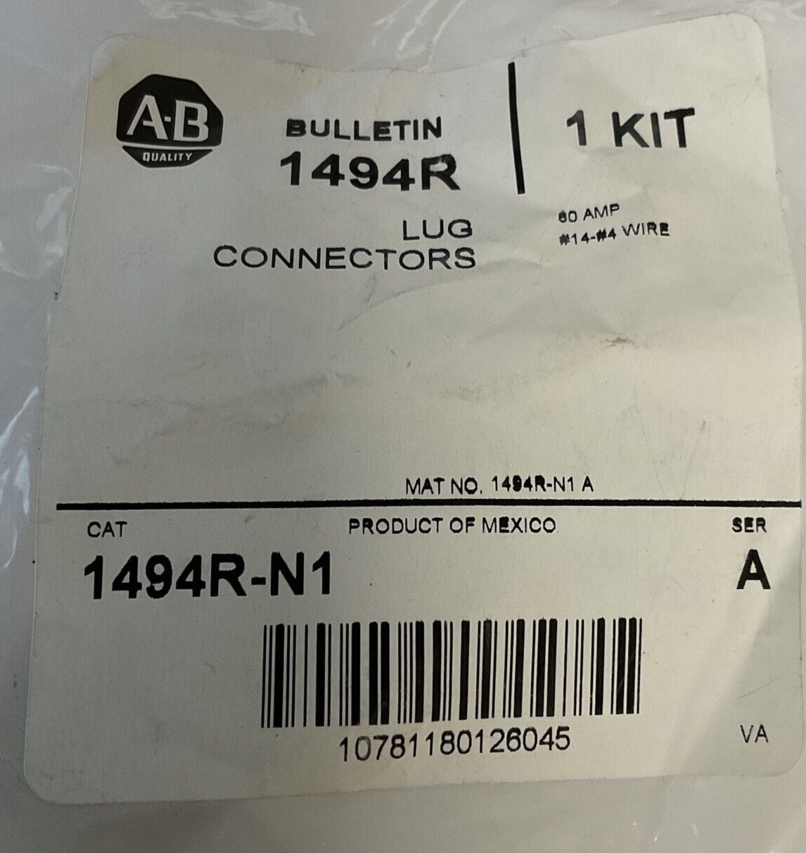 ALLEN BRADLEY 1494R-N1 LUG CONNECTOR KIT 60AMP SER.A ***LOTOF2***