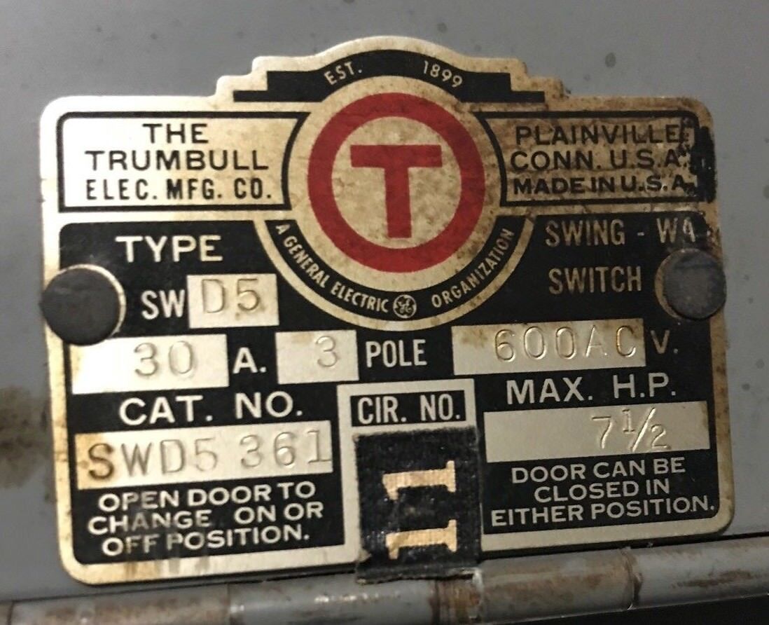TRUMBULL ELECTRIC SWD5 361 FUSIBLE PANEL SWITCH 600VAC, 30AMP, 3 POLE (SWD5361)