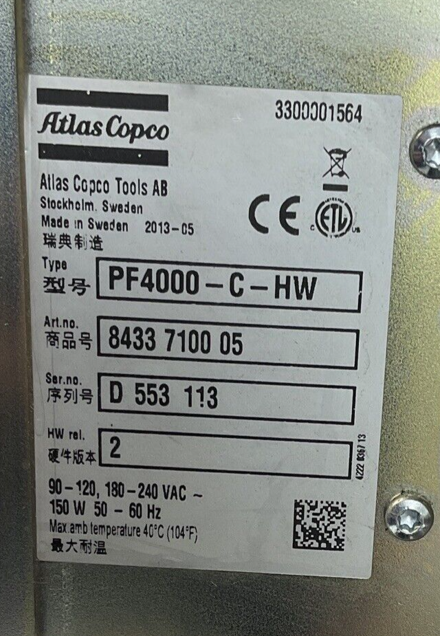 ATLAS COPCO PF4000-C-HW CONTROLLER 240VAC 150W 50-60HZ ***NO POWER CORD***