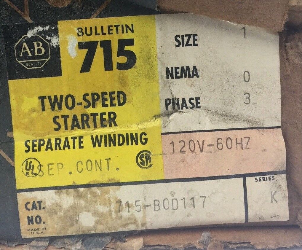 ALLEN BRADLEY 715-BOD117 TWO SPEED STARTER SEPARATE WINDING SIZE 1 120V 60HZ