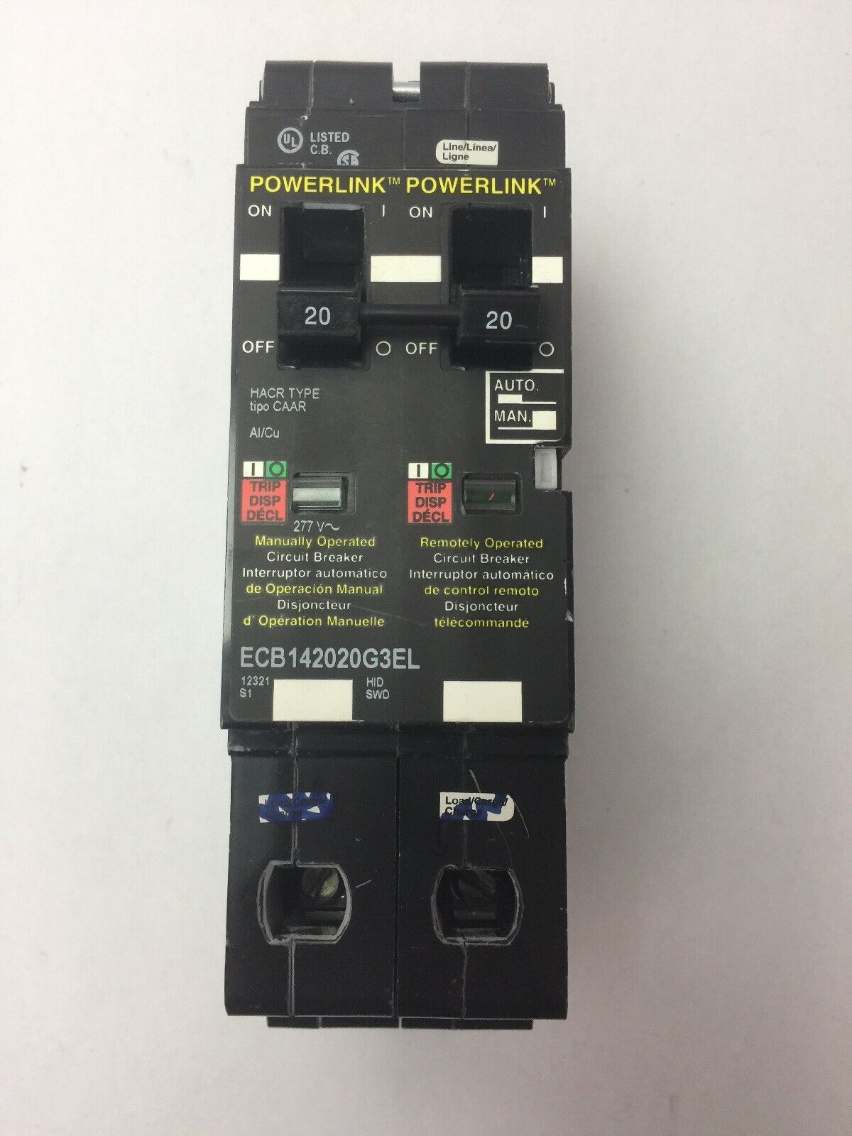 SCHNEIDER ECB142020G3EL POWERLINK CIRCUIT BREAKER 277VAC 14kA 120VAC 65kA 20AMP
