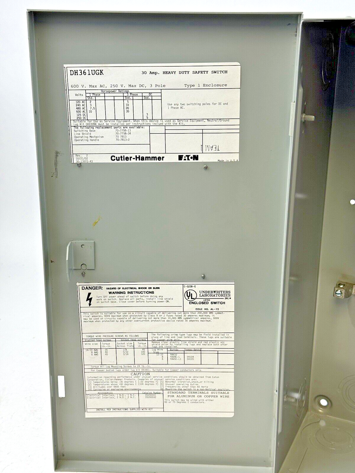 CUTLER-HAMMER - DH361UGK - HD SAFETY SWITCH - 30A/ 600VAC/250VDC/ 3 POLE/ TYPE 1