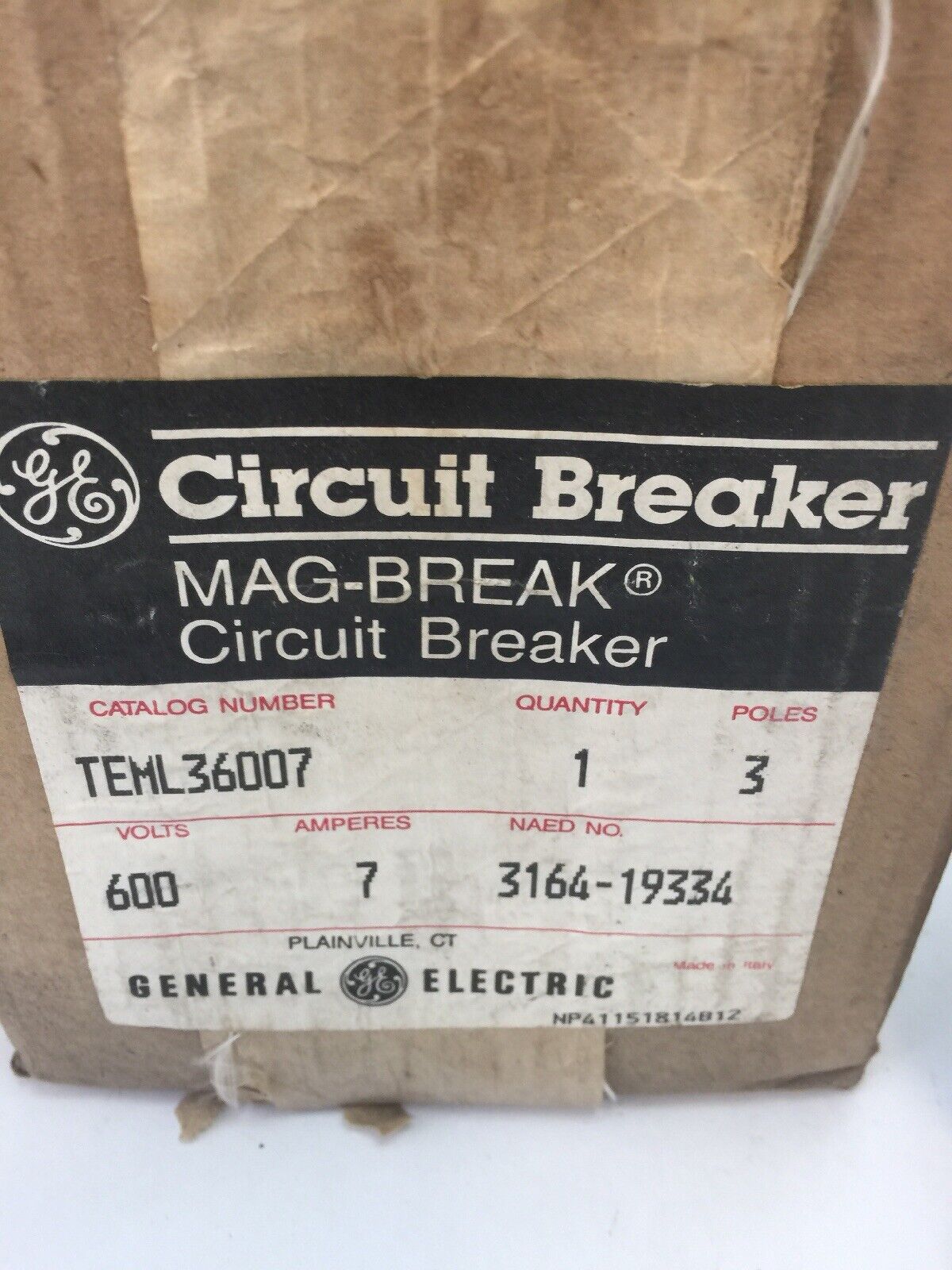 GE TEML36007 MAG-BREAK CIRCUIT BREAKER 7AMP 600VAC 3 POLE INSTANTANEOUS TRIP