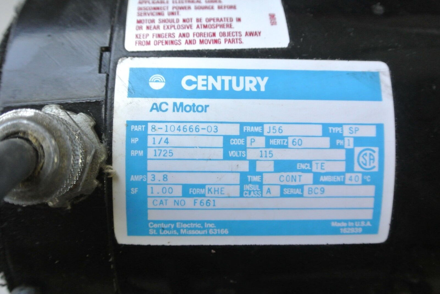 CENTURY 8-104666-0 ELECT MOTOR - 1725 RPM, 115V, 60Hz, 1-PH, 1/4HP, 3.8A, F661