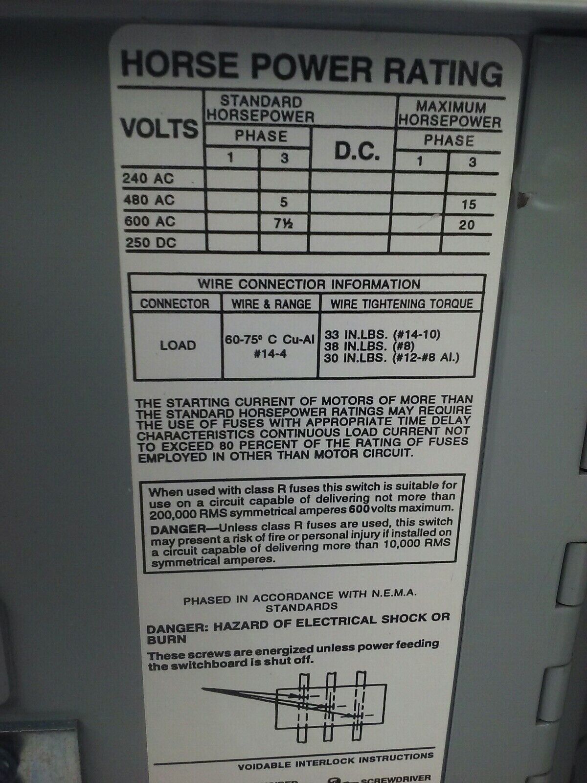 SIEMENS V7E3611R SER.A TWIN FUSIBLE VACU BREAK PANELBOARD SWITCH 600V 30A 20HP