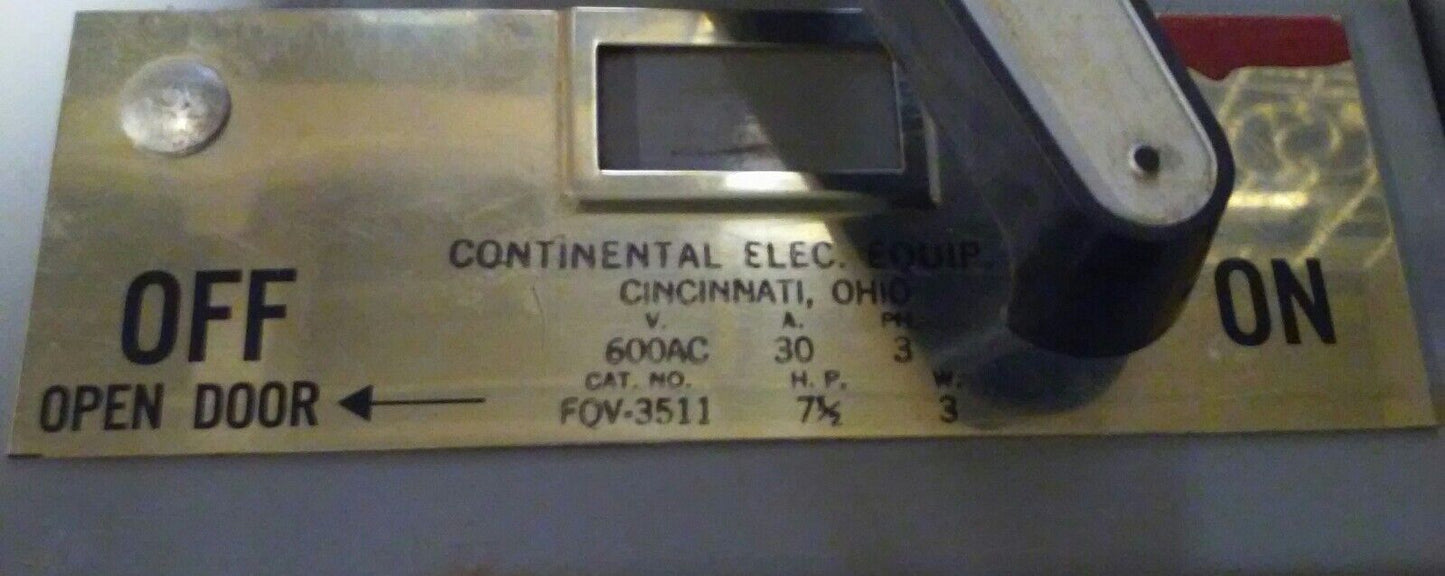 Continental Electric FQV-3511 Twin Dual Panelboard Switch - 600VAC 30 Amp 3-Pole
