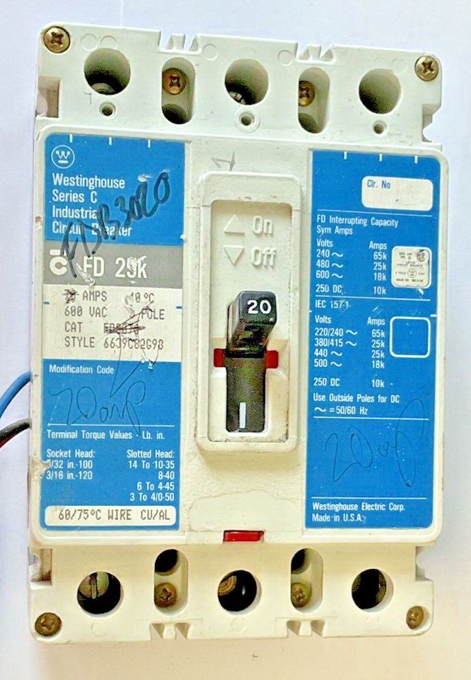 WESTINGHOUSE FDB3020 CIRCUIT BREAKER 3POLE FD 25K SER.C