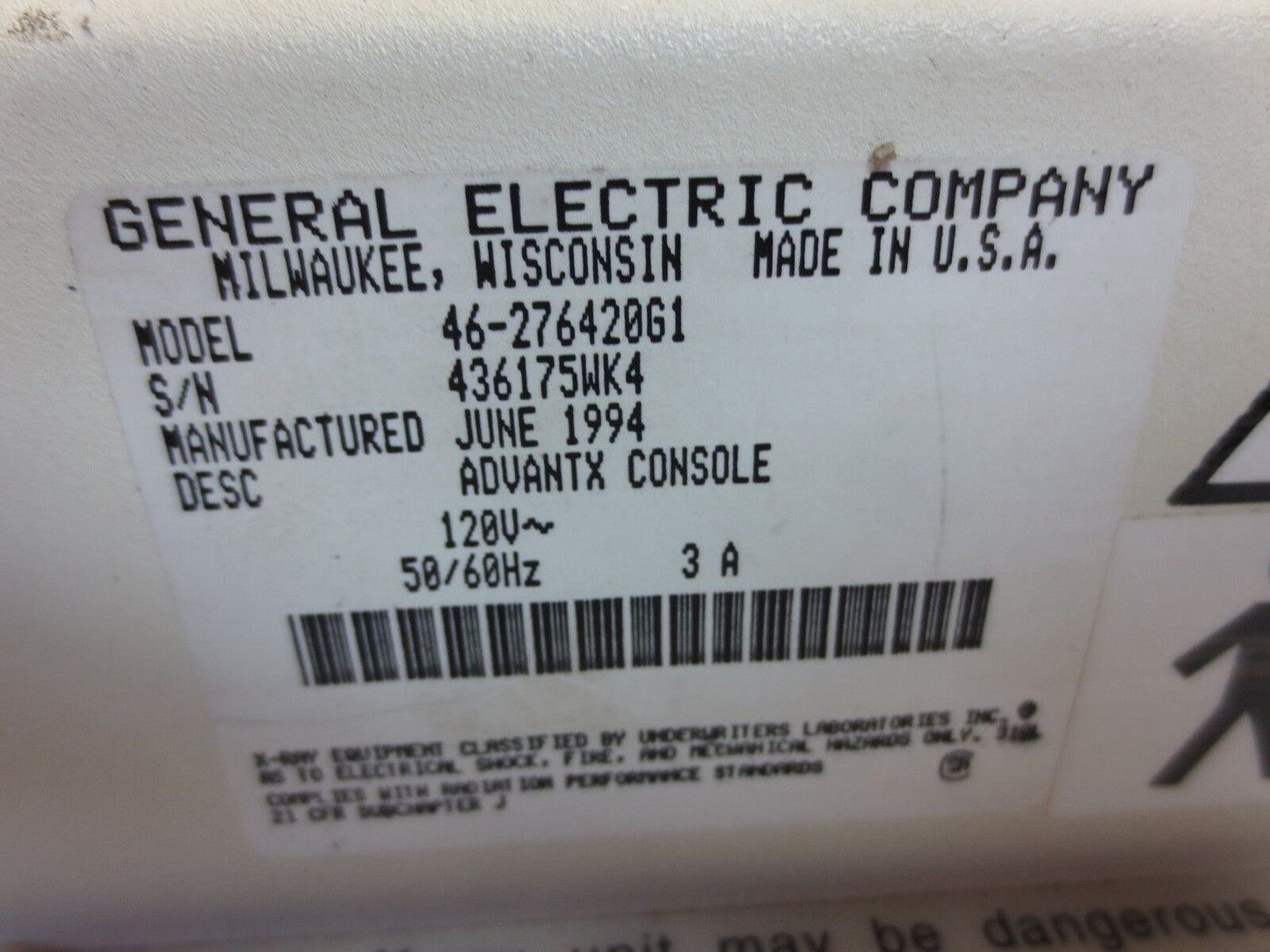 GE 46-276420G1 ADVANTX LFX CONSOLE - 120V, 60Hz, 3A - for PARTS or REPAIR