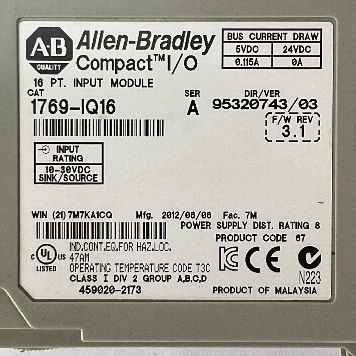 ALLEN BRADLEY 1769-IQ16 SER A F/W REV 3.1 DIR/VER 95320743/03 16PT INPUT MODULE