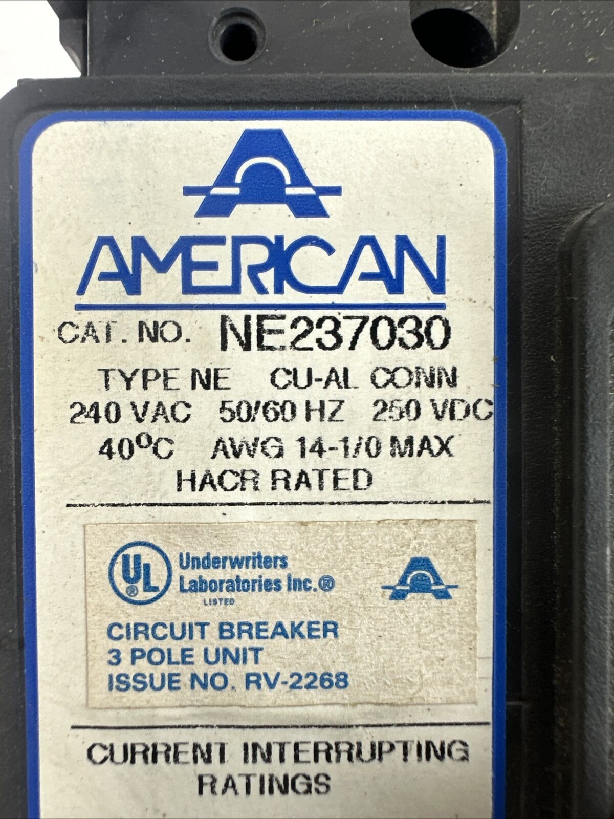 AMERICAN NE237030 CIRCUIT BREAKER 240VAC 250VDC 30AMPS 3POLES