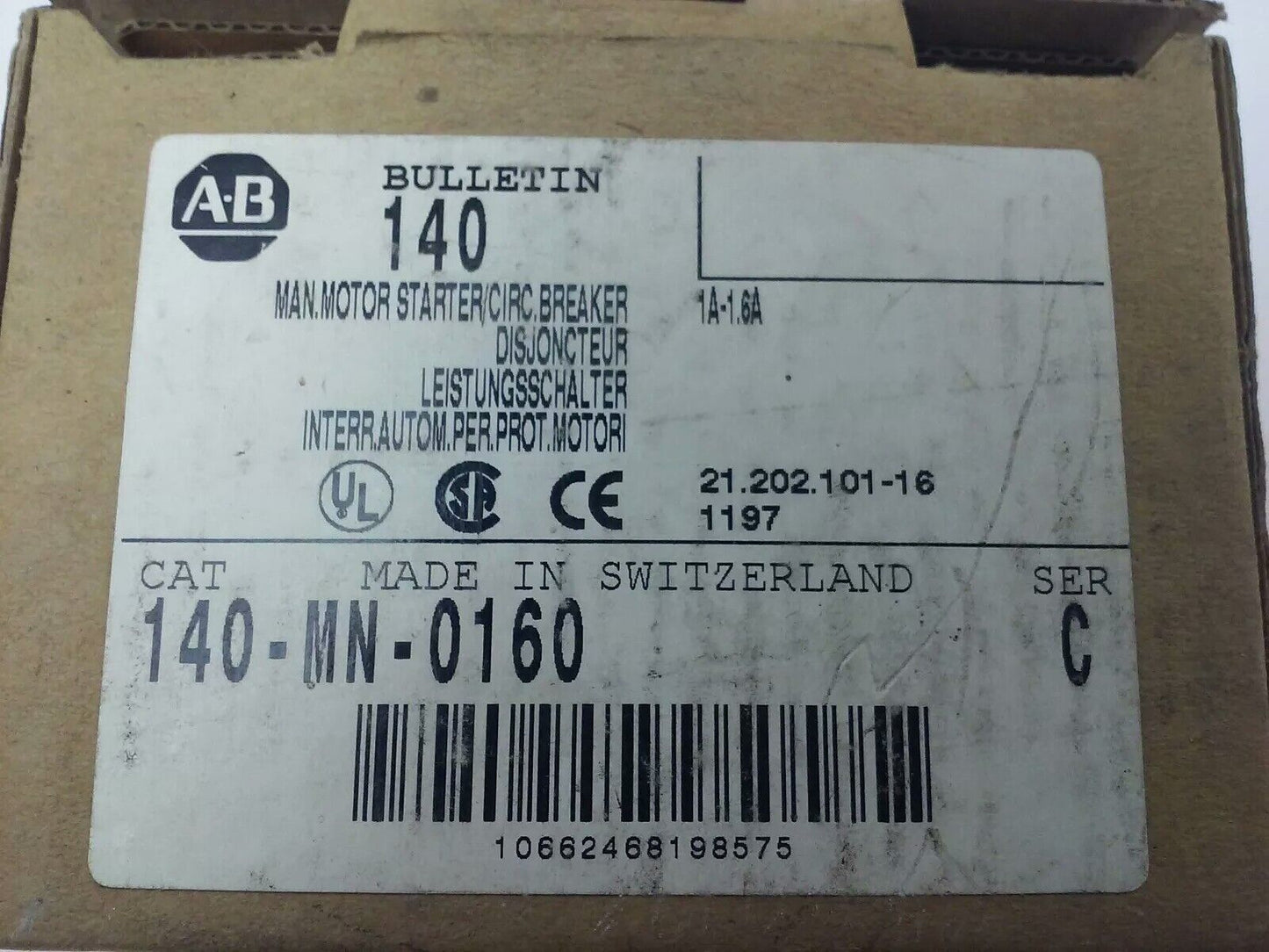 ALLEN BRADLEY 140-MN-0160, MANUEL MOTOR STARTER/ CIRCUIT BREAKER, 3PH, 600V,2.5A