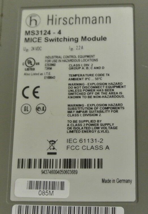 HIRSCHMANN MM2-4TX1 CLASS 1 4-PORT MICE MEDIA MODULE (21 pcs) + MS3124-4 (4pcs)