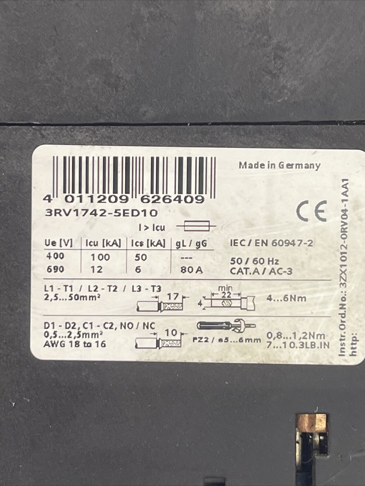 SIEMENS 3RV1742-5ED10 CIRCUIT BREAKER 30A 3P 600V 600Y/347V 20kA 480Y/277V 35kA