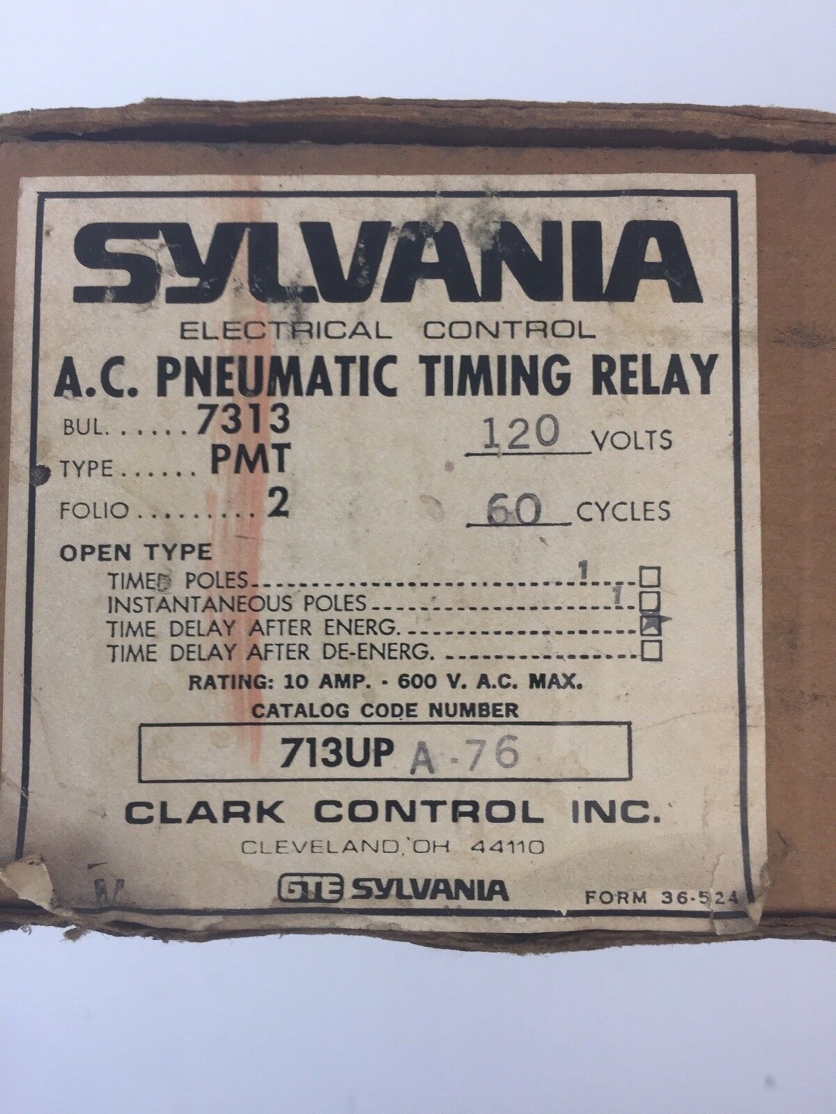 SYLVANIA 713UPA76 A.C. PNEUMATIC TIMING RELAY 10A 600VAC COIL 110-120V 60HZ