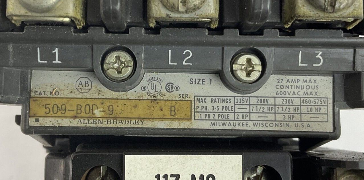 ALLEN BRADLEY 509-BOD-9 STARTER SIZE1 SER.B CB236COIL 595A AUX 10HP W40 HEATER