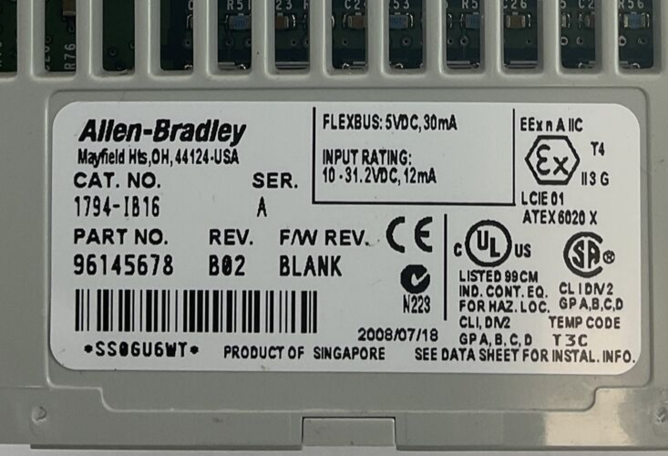ALLEN BRADLEY 1794-IB16 SINK INPUT 24VDC SER.A REV. B02 F/W REV.BLANK***LOTOF9**