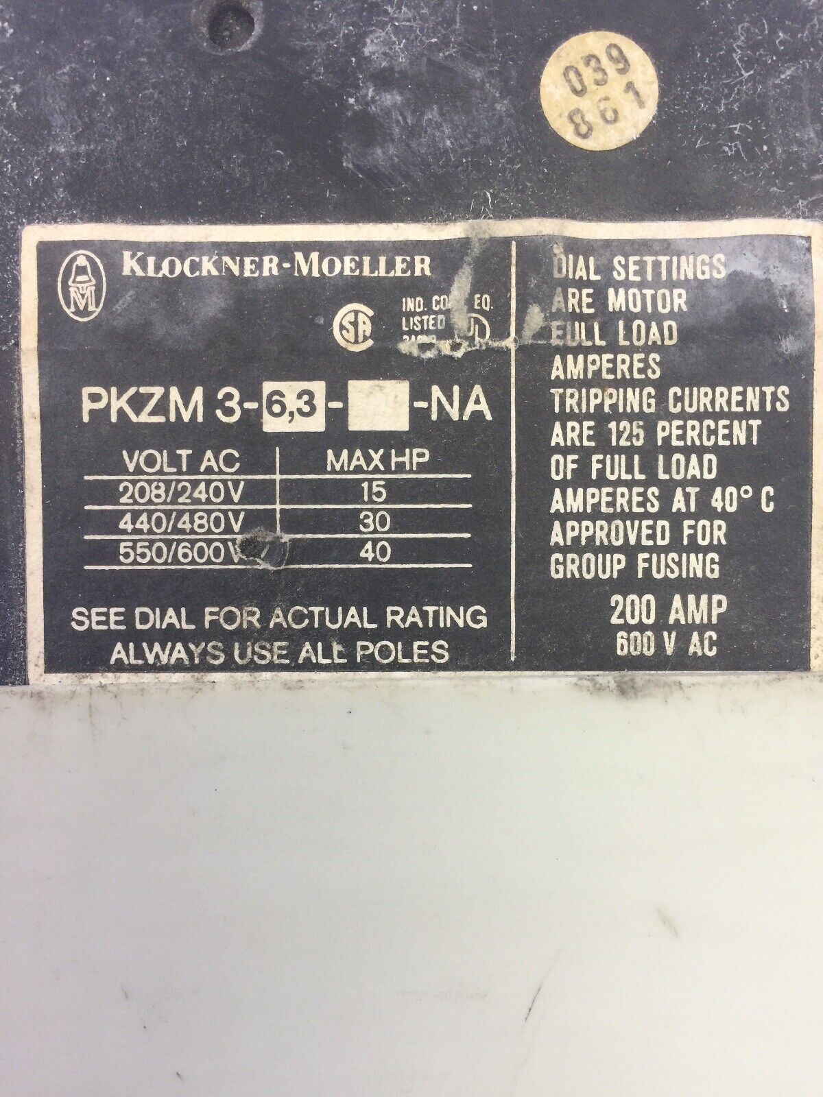 KLOCKNER MOELLER PKZM 3-6,3-U-NA 600VAC 40HP MANUAL MOTOR STARTER 3.5-6.0A