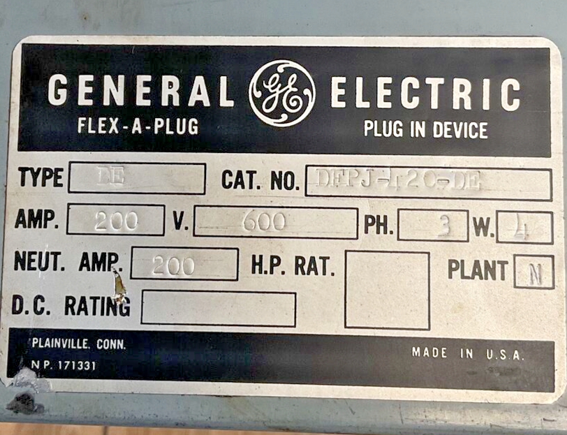 GENERAL ELECTRIC DFPJ-420-DE FLEX-A-PLUG BUS PLUG TJ236200 BREAKER 200A 3PH 600V