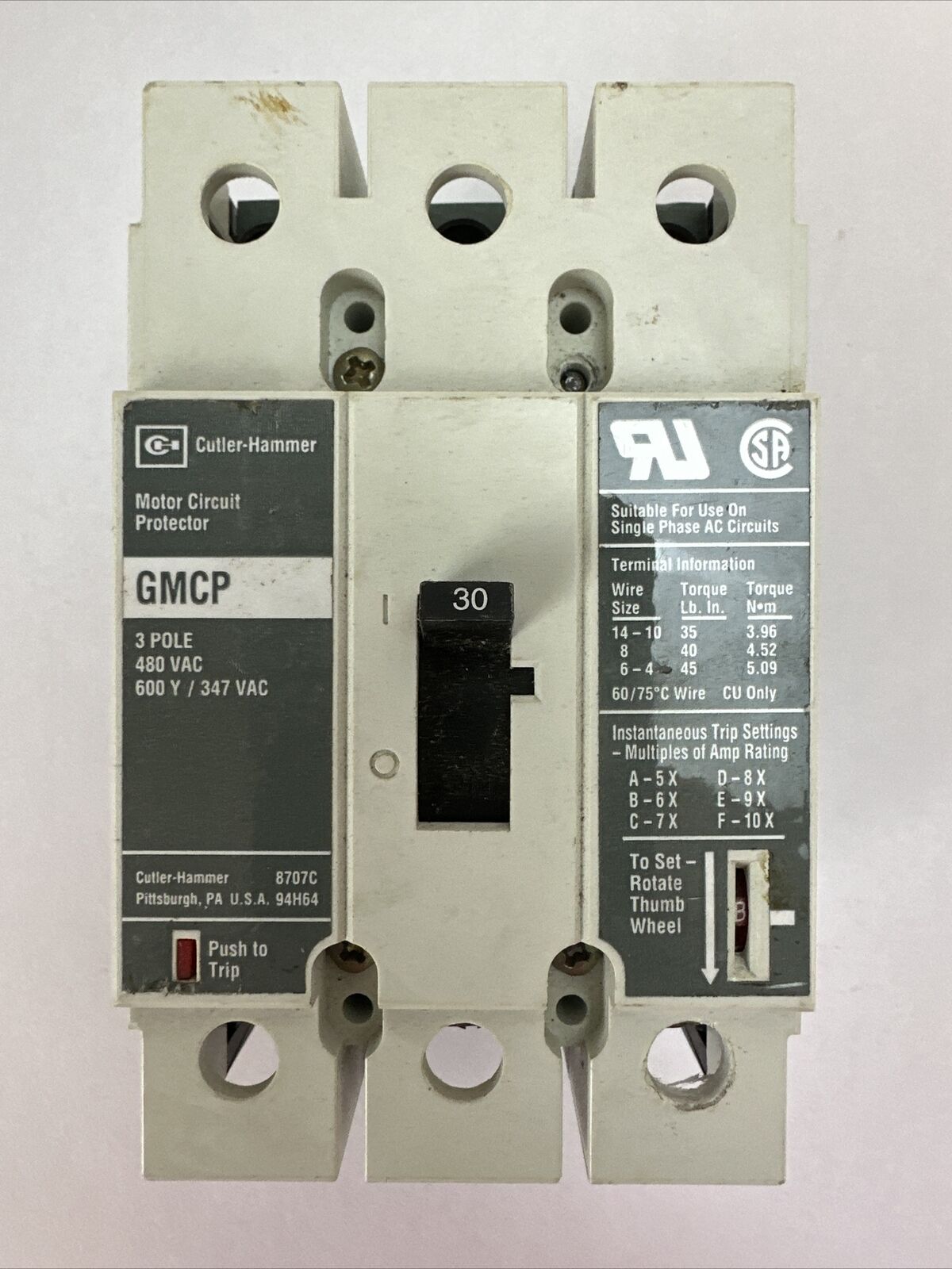 WESTINGHOUSE GMCP030H1C GMCP CIRCUIT BREAKER 30AMP 480VAC 600Y/347VAC 3POLE