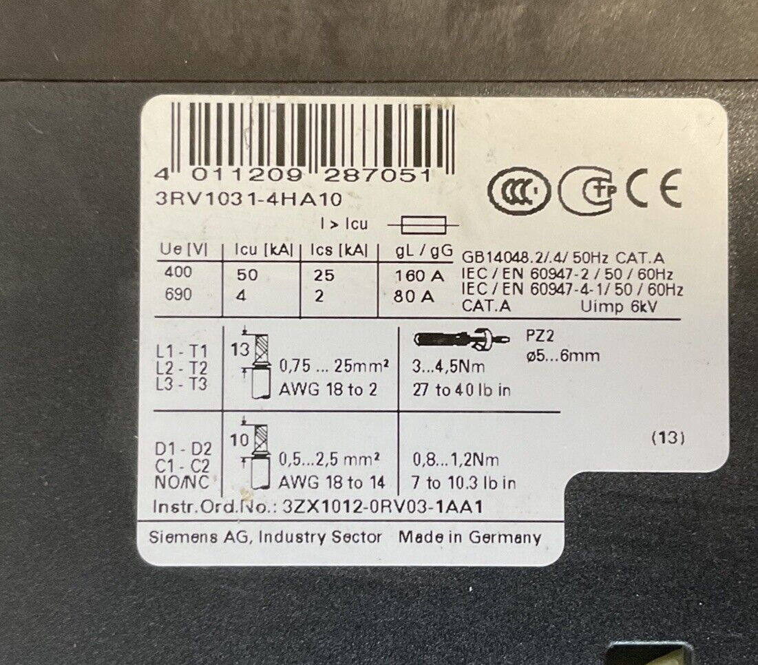 SIEMENS 3RV1031-4HA10 MOTOR STARTER 50/60HZ 600V 40-45A 6KV