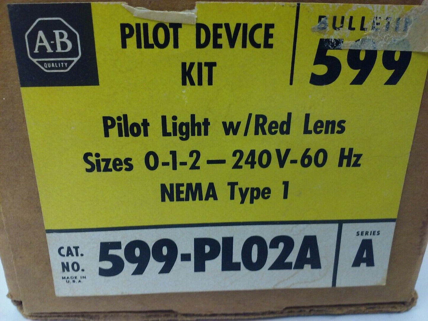 ALLEN BRADLEY 599-PL02A SER. A, PILOT LIGHT W/ RED LENS, SIZES 0-1-2, 240V- 60HZ