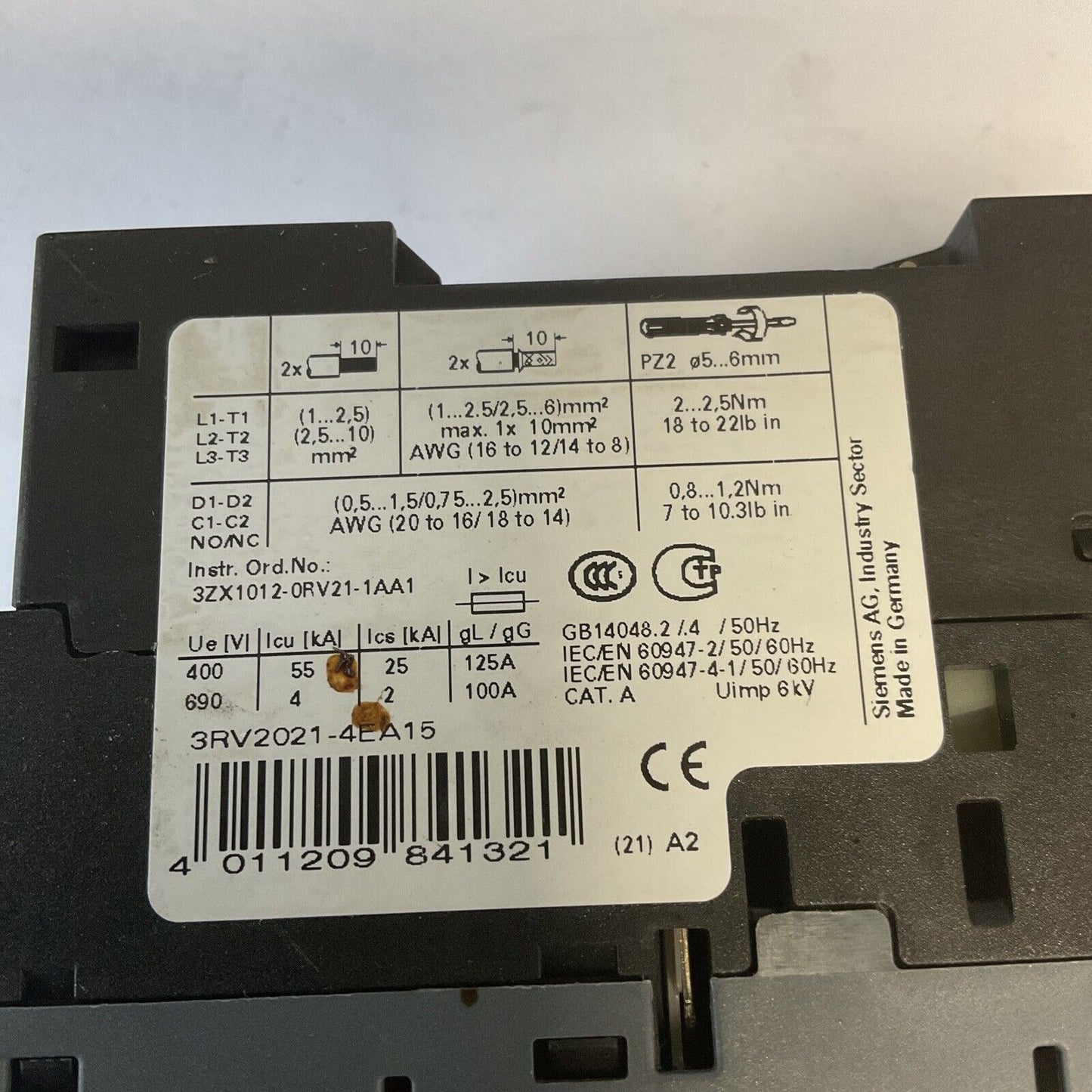SIEMENS 3RV2021-4EA15 CIRCUIT BREAKER 400A CAT.A