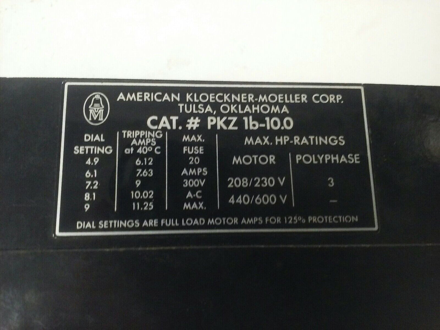 AMERICAN KLOECKNER MOELLER PKZ 1b-10.0 START STOP PUSH BUTTON SWITCH PKZ1B-10.0