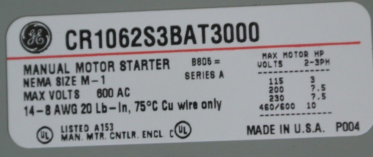 GE CR1062S3BAT3000 - MANUAL MOTOR STARTER, TOGGLE 3-P NO OVERLOAD - NEW SURPLUS