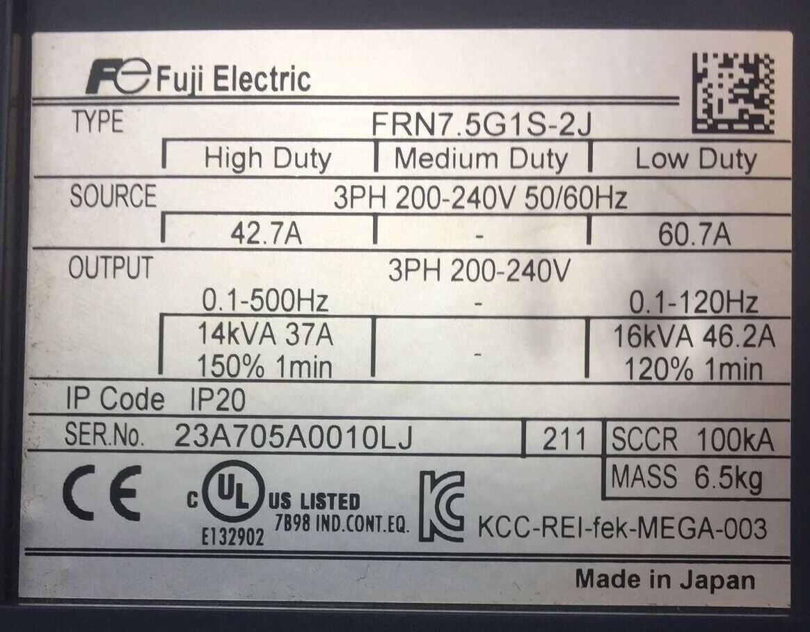 FUJI FRN7.5G1S-2J FRENIC-MEGA DRIVE OUTPUT 3PH 200-240V 0.1-120HZ 16kVA 46.2A