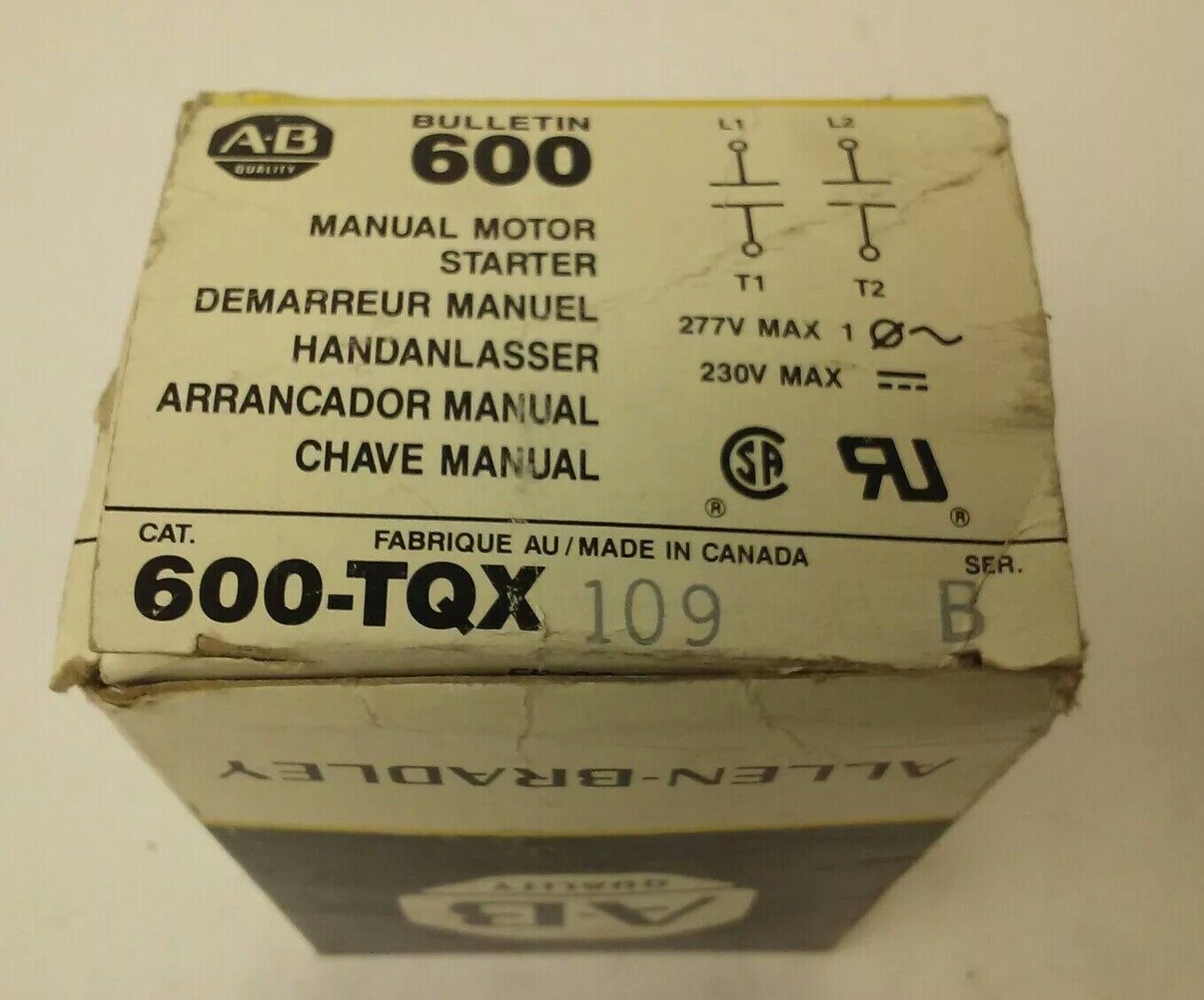ALLEN BRADELY 600-TQX109 SERIES B, MANUAL MOTOR STARTER