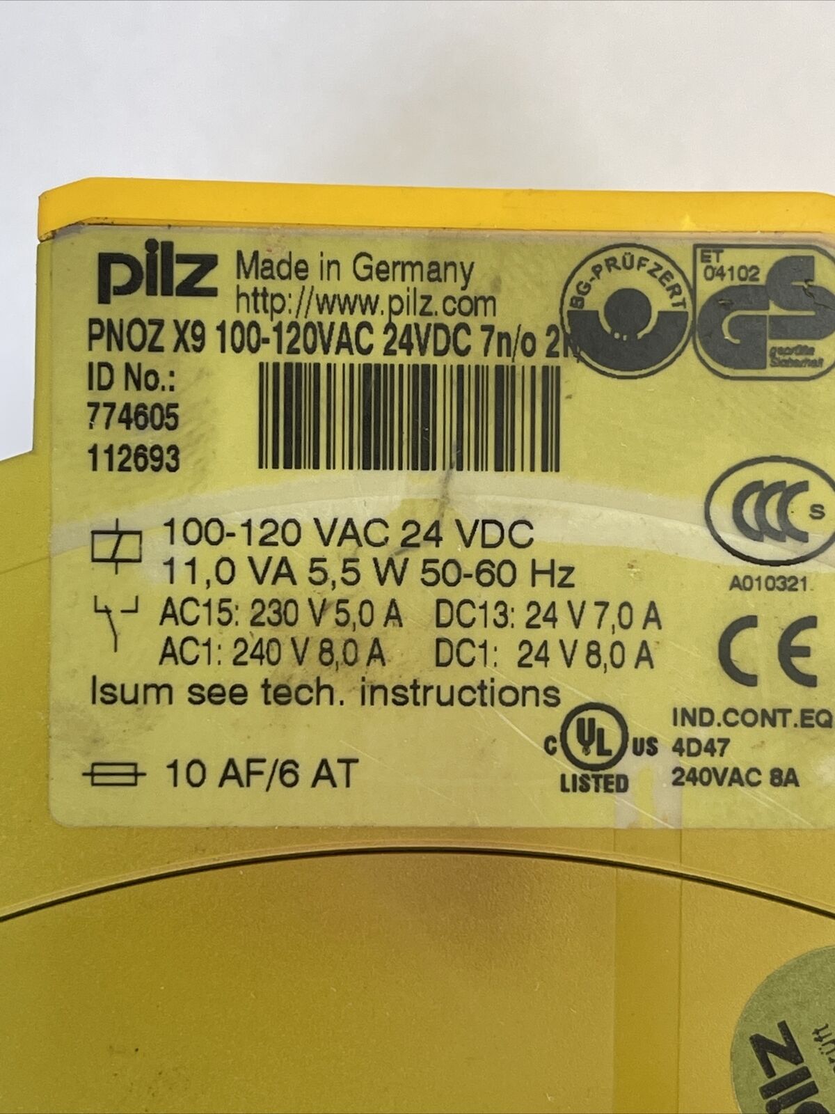 PILZ PNOZ X9 100-120VAC 24VDC 7n/o SAFETY RELAY 11,0 VA 5,5W 50-60HZ