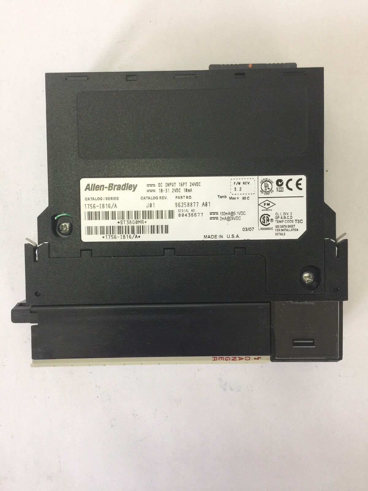 ALLEN BRADLEY 1756-IB16 DC INPUT 16PT 24VDC 10-31.2 VDC 10mA SER A F/W REV. 3.2